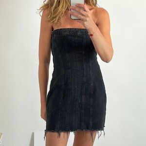 Zara Strapless Raw Hem Black Denim Mini Dress